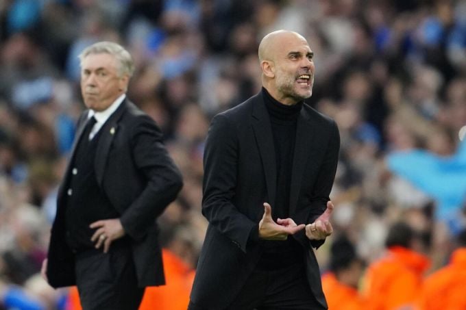 Guardiola feiert sein Tor beim 4:0-Spiel zwischen Man City und Real am Abend des 17. Mai. Foto: AP