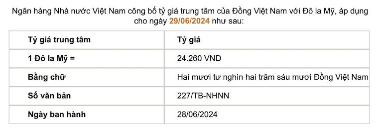 Tỷ giá trung tâm được Ngân hàng Nhà nước công bố. Ảnh chụp màn hình