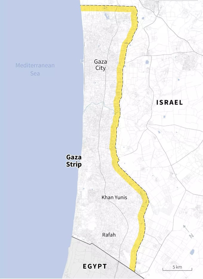 Experten befürchten, dass Israel dort eine Pufferzone im Gazastreifen errichten könnte (gelb). Grafik: AFP