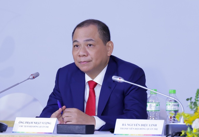 Ông Phạm Nhật Vượng, Chủ tịch Hội đồng quản trị Vingroup, tại phiên họp thường niên 2023, tổ chức sáng 17/5 tại Hà Nội. Ảnh: Vingroup