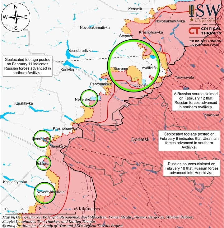 Karte der Schlacht in Awdijiwka vom Nachmittag des 13. Februar. (Grafik: ISW)