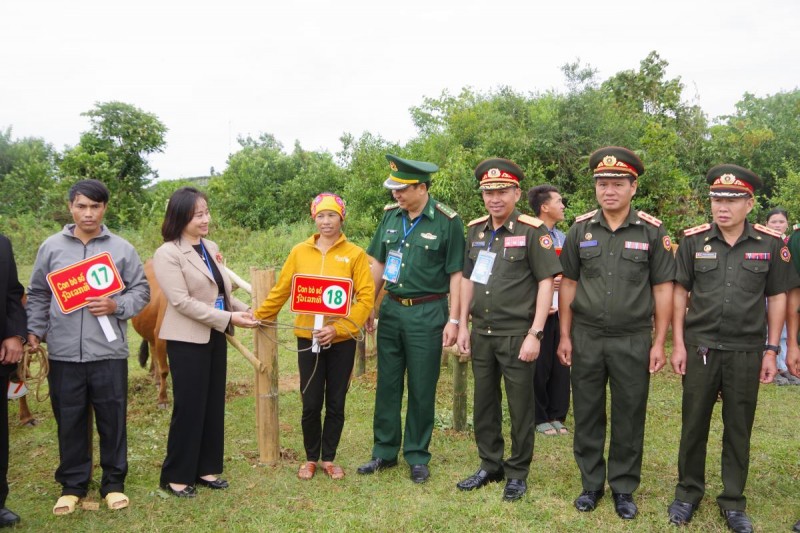 Chị Vì Thị Vân nhận bò giống từ chương trình. Ảnh: Vì Hiện