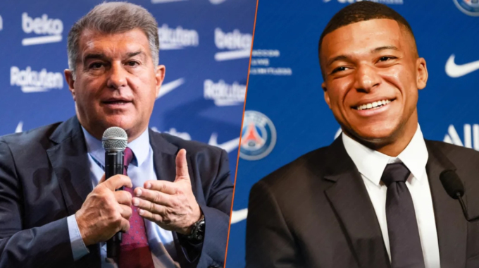 Le président du Barça, Joan Laporta (à gauche) et l'attaquant Mbappé. Photo : 90 minutes