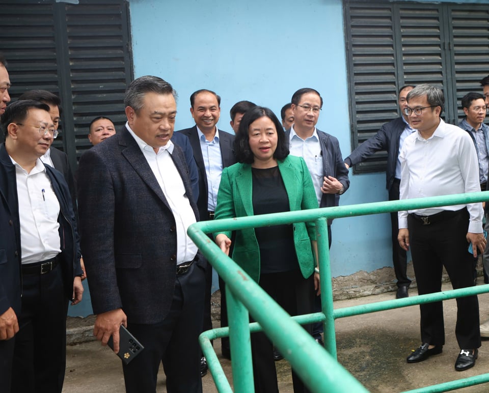 La secretaria del Comité del Partido de la Ciudad, Bui Thi Minh Hoai, y el presidente del Comité Popular de la Ciudad, Tran Sy Thanh, inspeccionaron el campo en la estación reguladora de la Puerta A en el Lago Oeste.