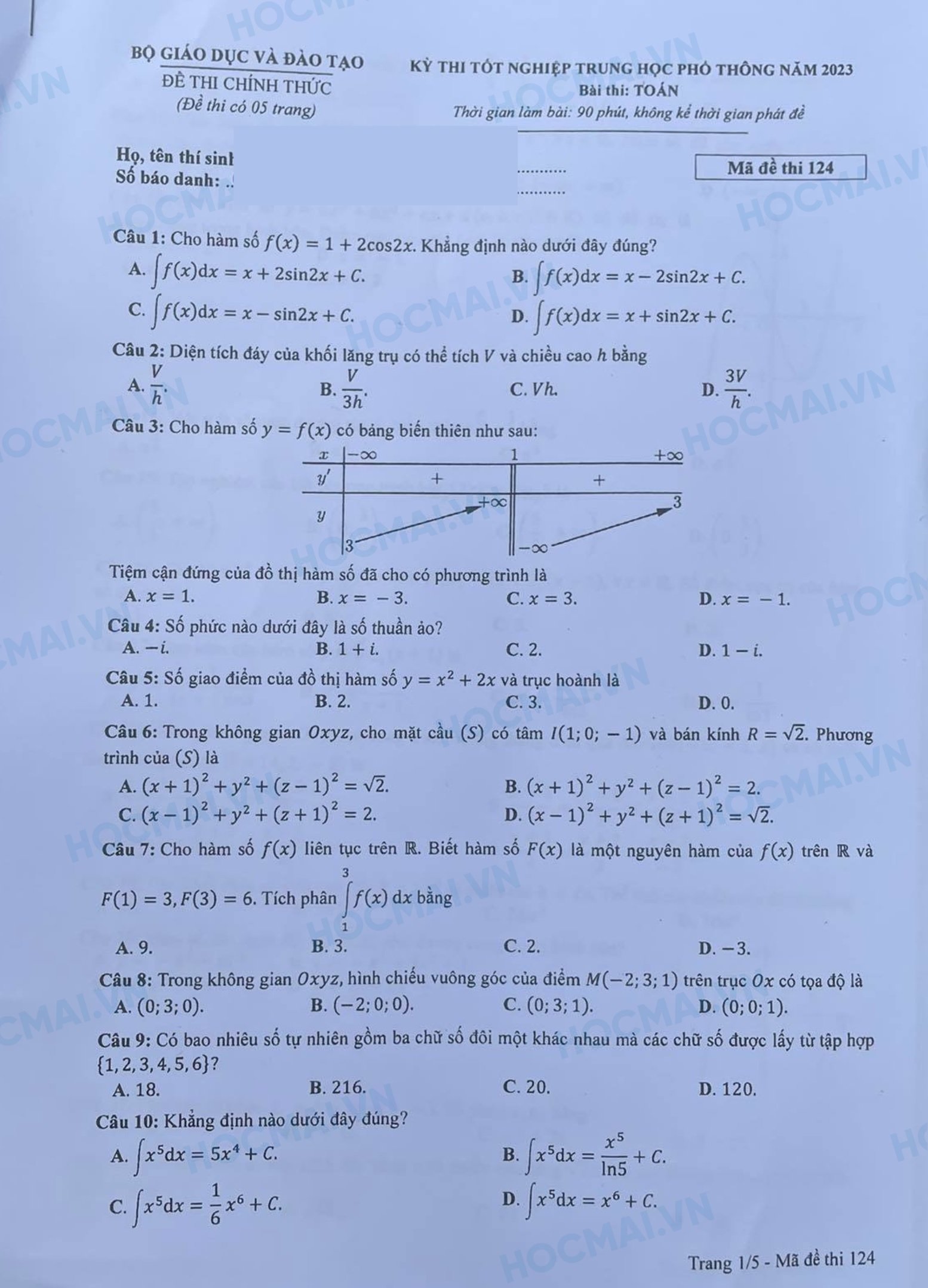 Examen de fin d'études secondaires 2023 code de test de mathématiques 124 image 1