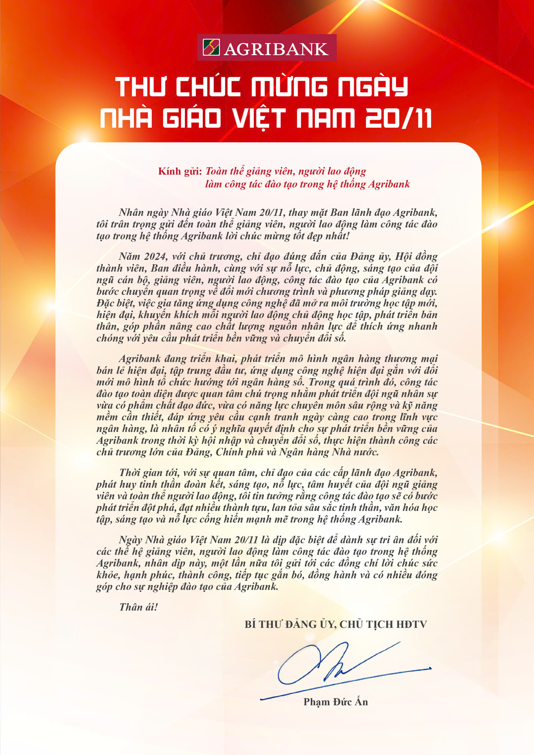 Congratulatory letter on Vietnamese Teachers' Day from Party Secretary - Chairman of Agribank Board of Members