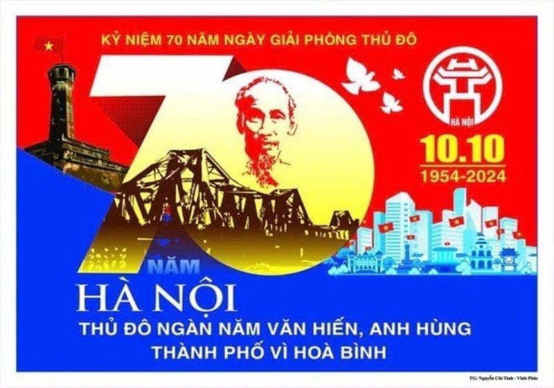 Tác phẩm trưng bày tại lễ trao giải thưởng - khai mạc triển lãm cuộc thi sáng tác tranh cổ động và logo kỷ niệm 70 năm Ngày Giải phóng Thủ đô.  