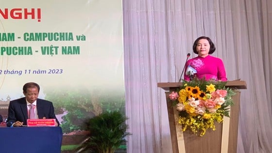 Đồng chí Nguyễn Thị Thanh, Chủ tịch Hội Hữu nghị Việt Nam - Campuchia, phát biểu tại hội nghị