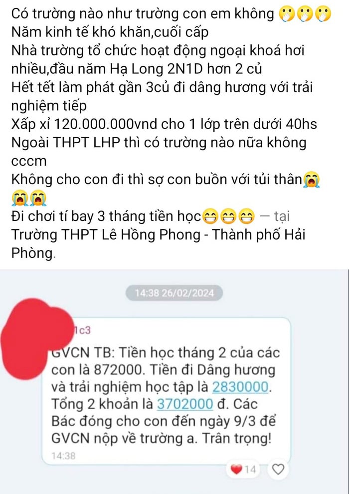 Nội dung bày tỏ nỗi niềm trên mạng xã hội cùng hình ảnh về thông báo của giáo viên về việc đóng 2,83 triệu đồng cho học sinh đi trải nghiệm - Ảnh: T. THẮNG chụp lại