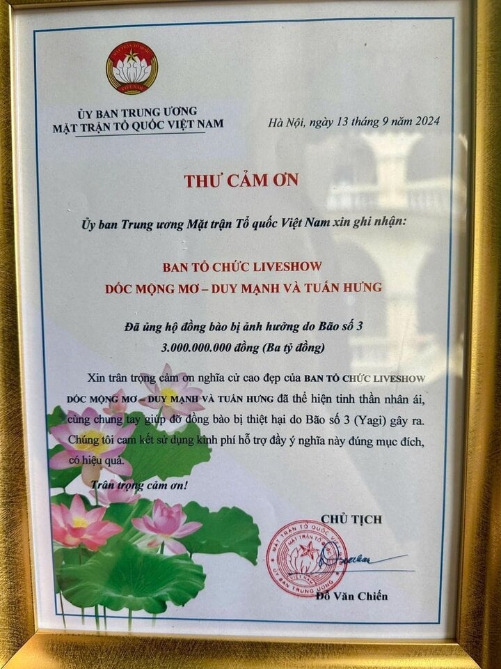 Lettre de remerciement du Comité du Front de la Patrie du Vietnam pour la soirée musicale.