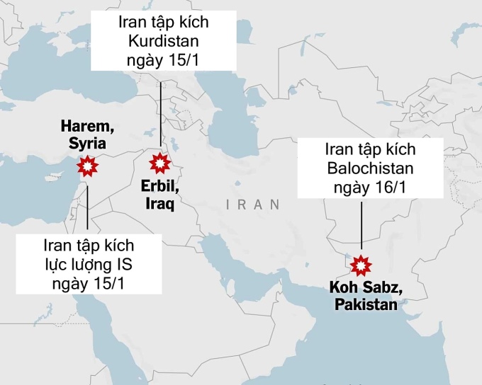 Loạt tập kích từ Iran trên lãnh thổ Iraq, Syria và Pakistan đầu tuần này. Đồ họa: Mapbox