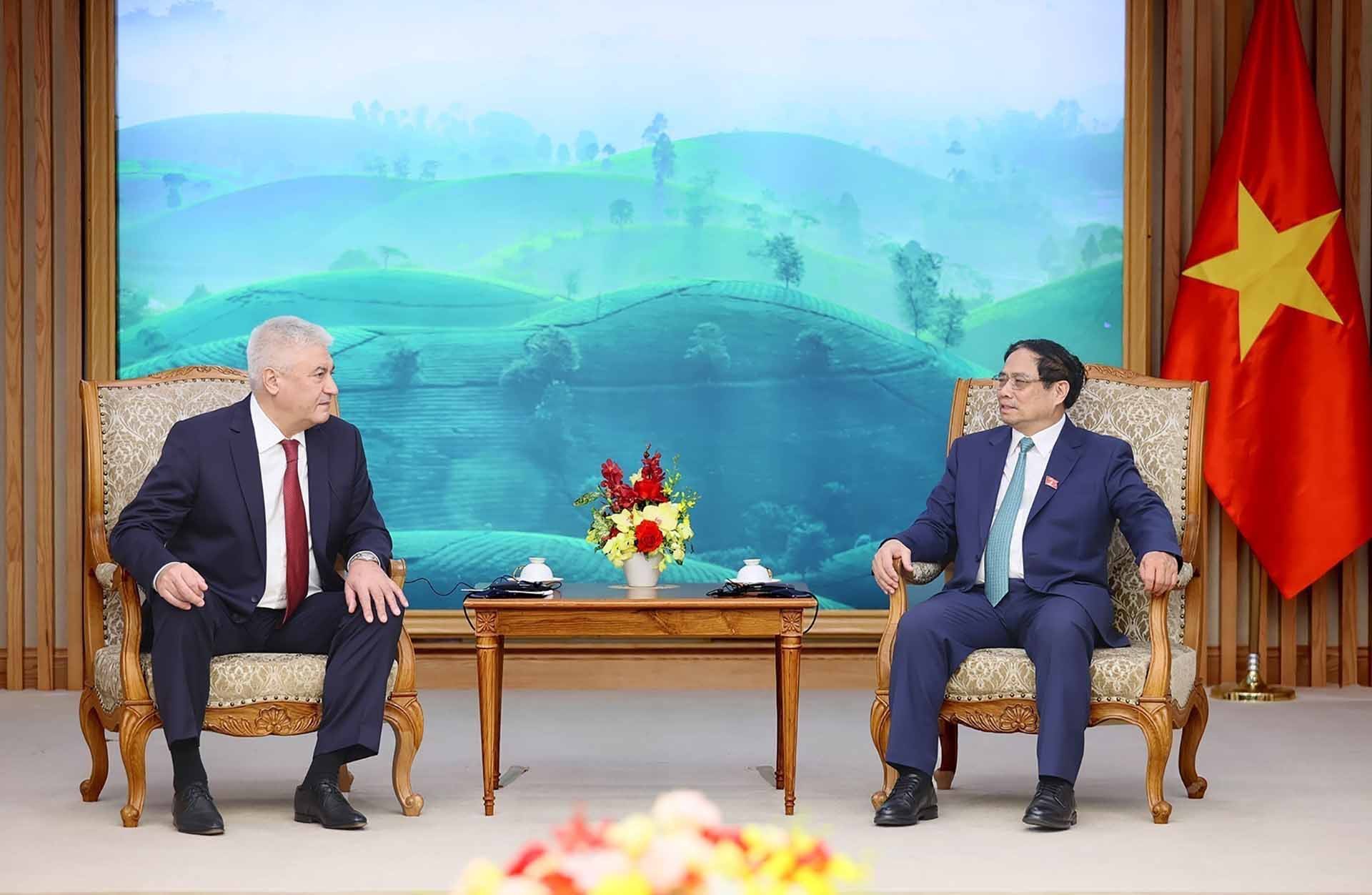 Thủ tướng Phạm Minh Chính tiếp Đại tướng Kolokoltsev Vladimir Alexandrovich, Bộ trưởng Bộ Nội vụ Liên bang Nga. (Nguồn: TTXVN)