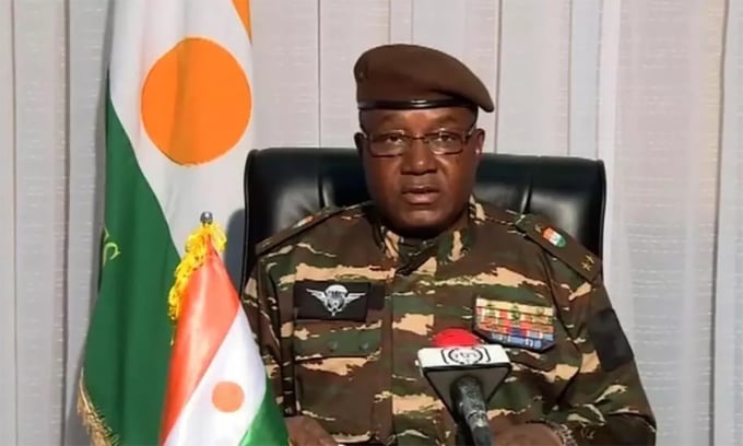 Le général Abdourahamane Tiani est apparu à la télévision nigérienne le 28 juillet. Photo : AFP