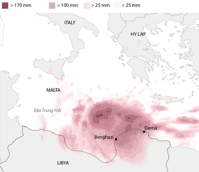 Tổng lượng mưa trong ba ngày tính đến 11/9 tại các khu vực ở Libya. Đồ họa: WP