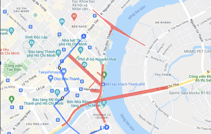 Các tuyến đường cấm xe (màu đỏ) phục vụ bắn pháo hoa đêm 30/4. Ảnh: Sở Giao thông Vận tải