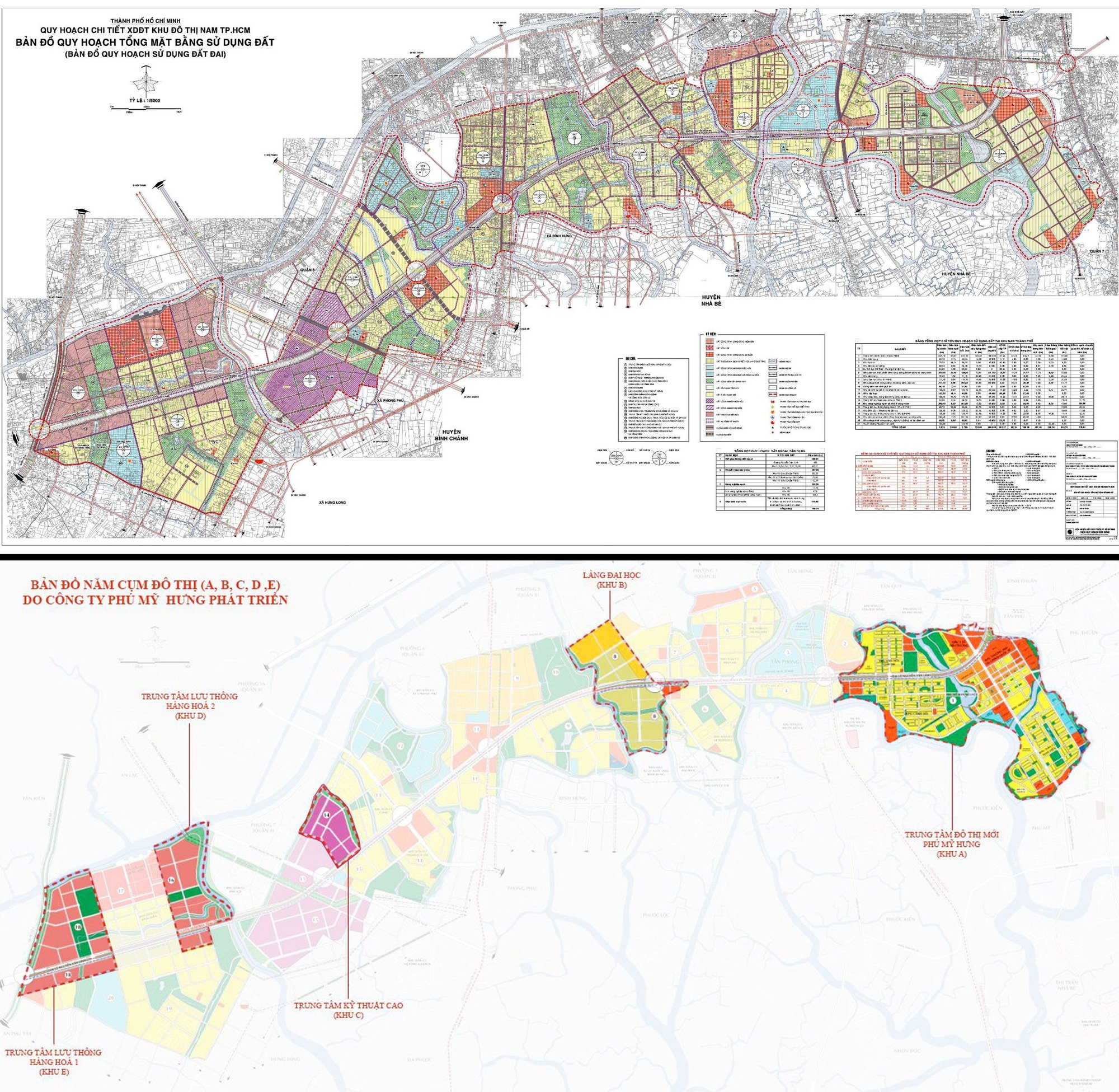 Khu đô thị mới Nam TP gồm 20 khu chức năng (hình bản đồ trên) dọc theo trục Nguyễn Văn Linh, trong đó Công ty Phú Mỹ Hưng được giao đầu tư 5 khu chức năng (hình bản đồ dưới). Tuy nhiên đến nay gần 30 năm thì chỉ mới có khu chức năng số 1 (khu A) đầu tư hoàn thiện được người dân biết đến với tên gọi khu đô thị Phú Mỹ Hưng - Ảnh: ÁI NHÂN