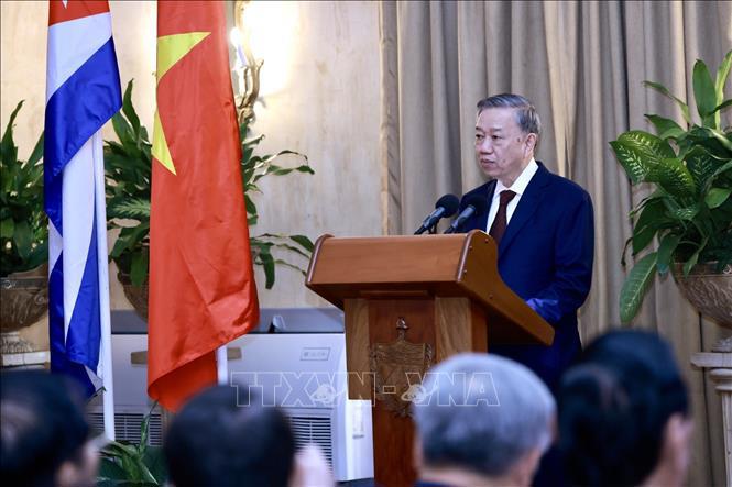 Le secrétaire général et président To Lam s'exprime lors de la réunion avec les représentants des mouvements d'amitié entre les peuples et les jeunes de Cuba. Photo : VNA