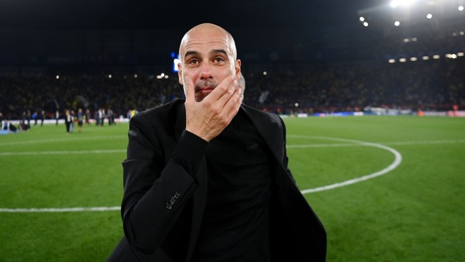 Pep Guardiola could not hide his emotion when he and Man City won the 2022-2023 Champions League. Photo: Sky