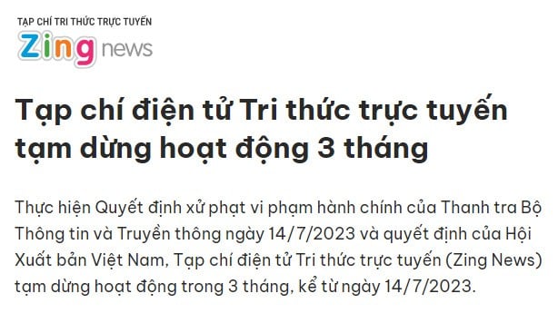 징뉴스는 3개월 동안 라이센스가 취소되었고 2억 4,350만 VND의 벌금을 물었습니다.