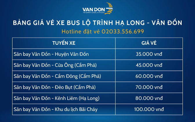 Bus fare list for route Ha Long - Van Don Airport.