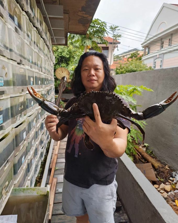 Shannon Lim hält eine Krabbe als Haustier neben dem Krabben-Apartmentgebäude auf der linken Seite. Foto: Instagram your_friendlyfarmer