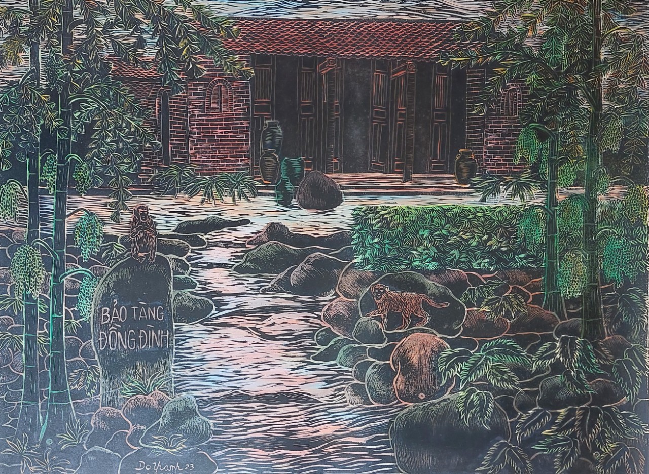Tác phẩm Dưới bóng Đồng Đình, khắc gỗ màu trên khổ 72 x 97 cm của họa sĩ Đỗ Thanh
