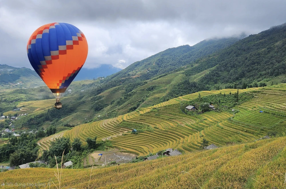 Hot air balloon flying over terraced fields in Sapa via AI on Galaxy Z Fold6