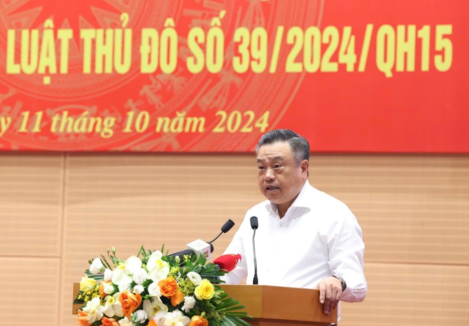 Chairman of Hanoi People's Committee Tran Sy Thanh speaks at the Conference