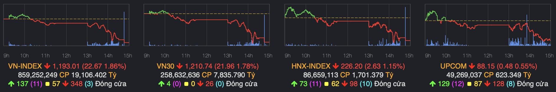 Diễn biến của các chỉ số chính trên thị trường chứng khoán hôm nay. Ảnh chụp màn hình 