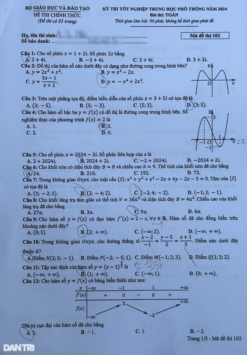 Chi tiết đề thi môn toán tốt nghiệp THPT năm 2024 - 1