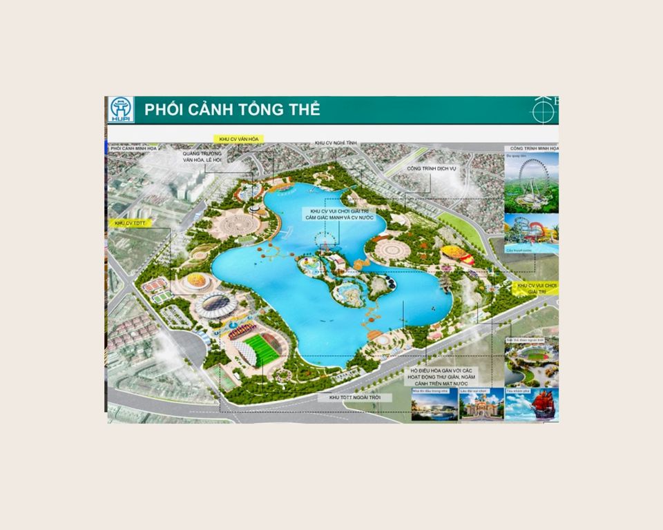 Overall perspective of Ha Dong Park project with landscape architecture space, urban space highlight, in harmony with major roads in the area (Ring Road 3.5, Phuc La - Van Phu road, Ha Dong District Administrative Center axis)...