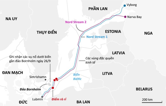 Localisation des fuites après les explosions sur les gazoducs Nord Stream 1 et 2 en septembre 2022. Graphiques : Guardian