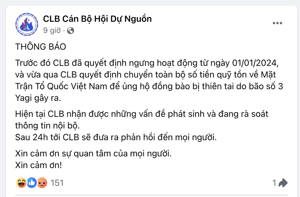 Làm rõ việc 1 câu lạc bộ rút ruột 90% số tiền ủng hộ người dân vùng lũ - 2