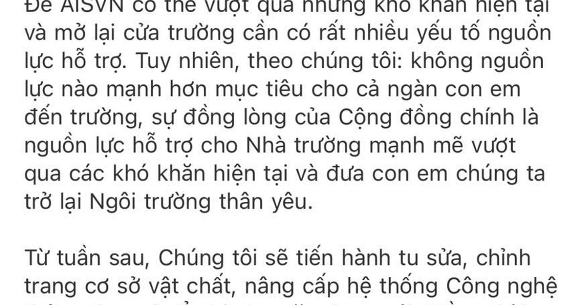 Trường quốc tế AISVN sẽ khai giảng trở lại vào tháng 1.2025?