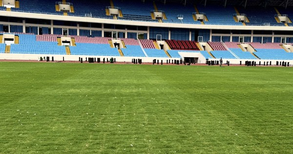 Gros plan sur l'herbe du stade My Dinh après un événement musical