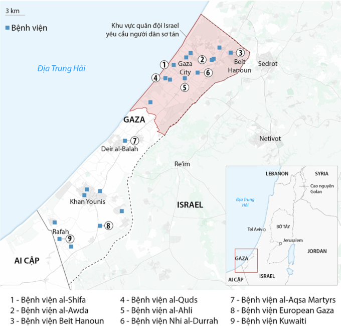 Localisation des hôpitaux dans la bande de Gaza. Infographie : CNN