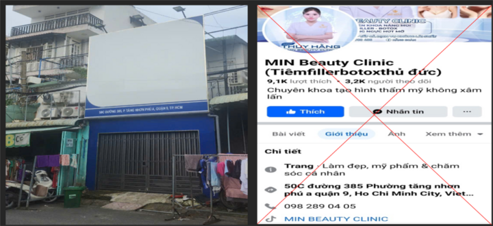 Cơ sở đóng cửa, dời đi sau khi xảy ra tai biến cho khách hàng và trang quảng cáo của MIN Beauty Academy tại địa chỉ số 50C Đường 385, Phường Tăng Nhơn Phú A. (Ảnh: Sở Y tế TP.HCM)