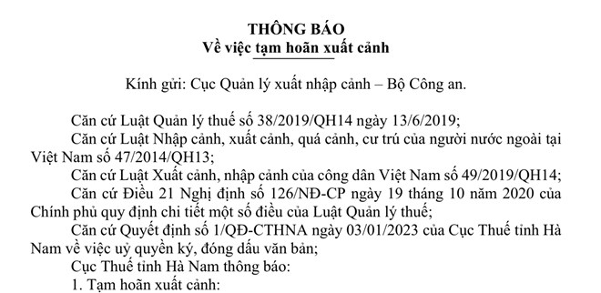 2 giám đốc doanh nghiệp ở Hà Nam bị tạm hoãn xuất cảnh