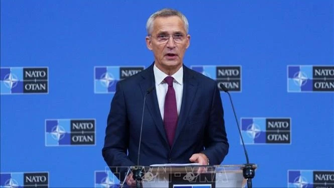 Tổng thư ký NATO Jens Stoltenberg phát biểu tại một cuộc họp báo ở Brussels, Bỉ. Ảnh: AFP/TTXVN