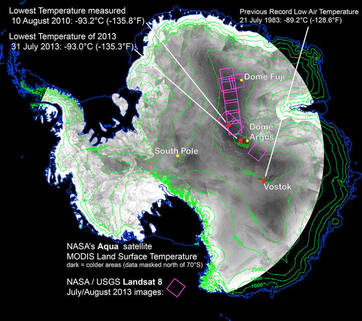 Das Ostantarktische Plateau (Dome Argus) ist das Gebiet mit der niedrigsten jemals auf der Erde gemessenen Temperatur. (Foto: NASA)