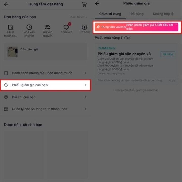 Chọn Trung tâm Voucher để tìm mã giảm giá.