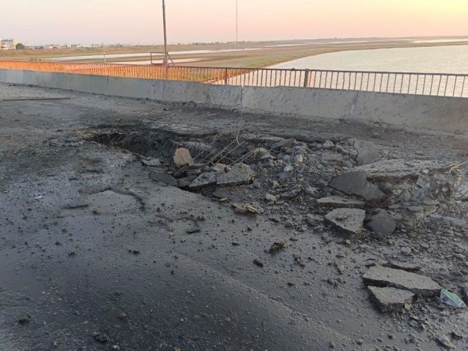 Damage to the Chonhar bridge connecting the Crimean peninsula with the Russian-controlled Kherson region in June. Photo: Reuters