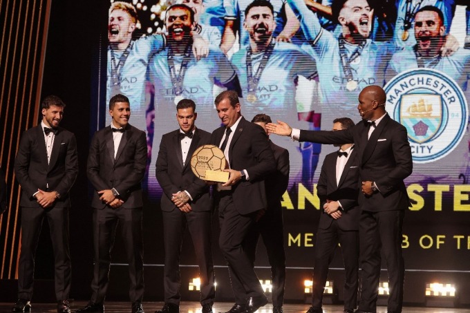 Man City members on the podium receiving the Club of the Year award. Photo: MCFC