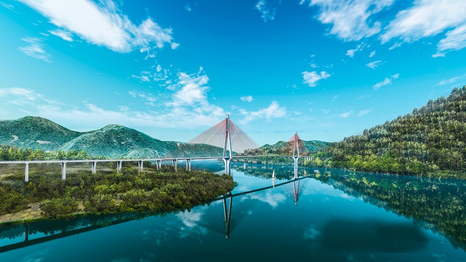 Perspective du pont Hoa Son sur l'autoroute Hoa Binh - Moc Chau. Il s'agit du plus long pont à haubans du Vietnam.