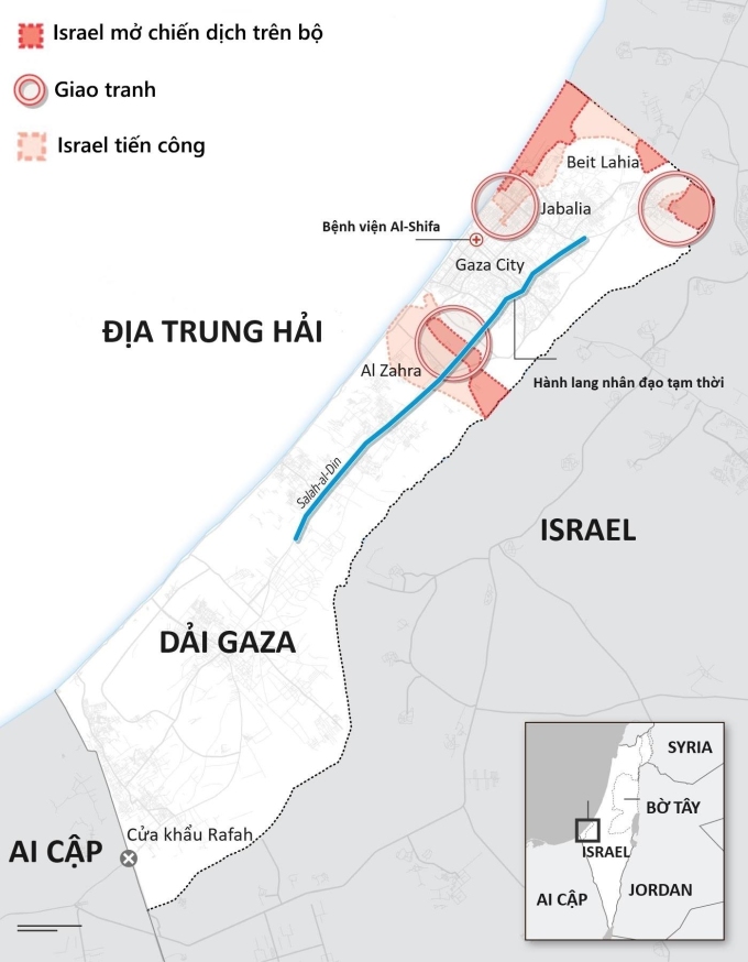 イスラエルがガザ地区に人道回廊を設置。グラフィック：WSJ