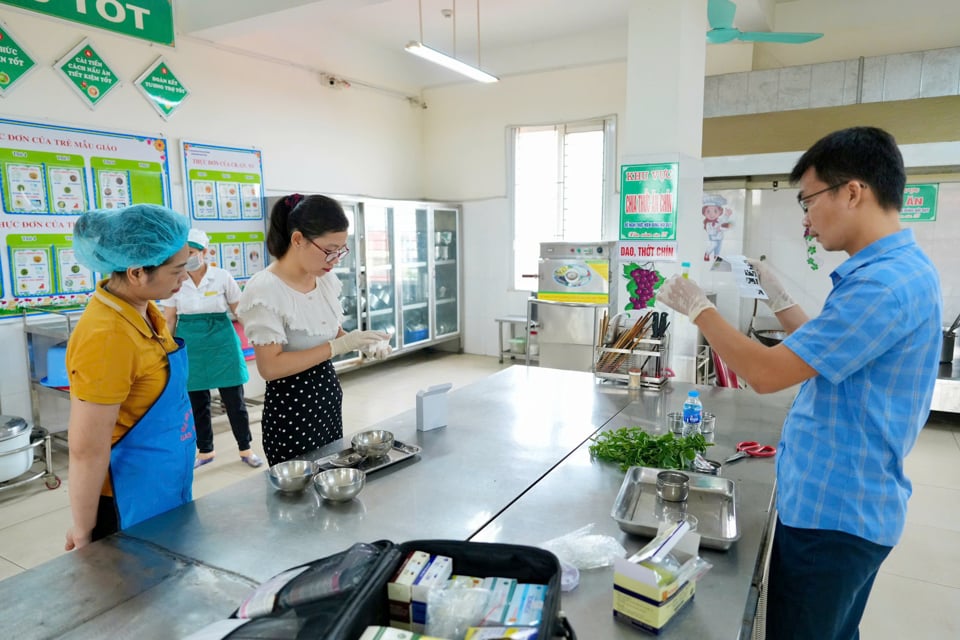 Lấy mẫu test nhanh dư lượng thuốc bảo vệ thực vật với rau ngót tại tại Trường Mầm non huyện Đan Phượng.