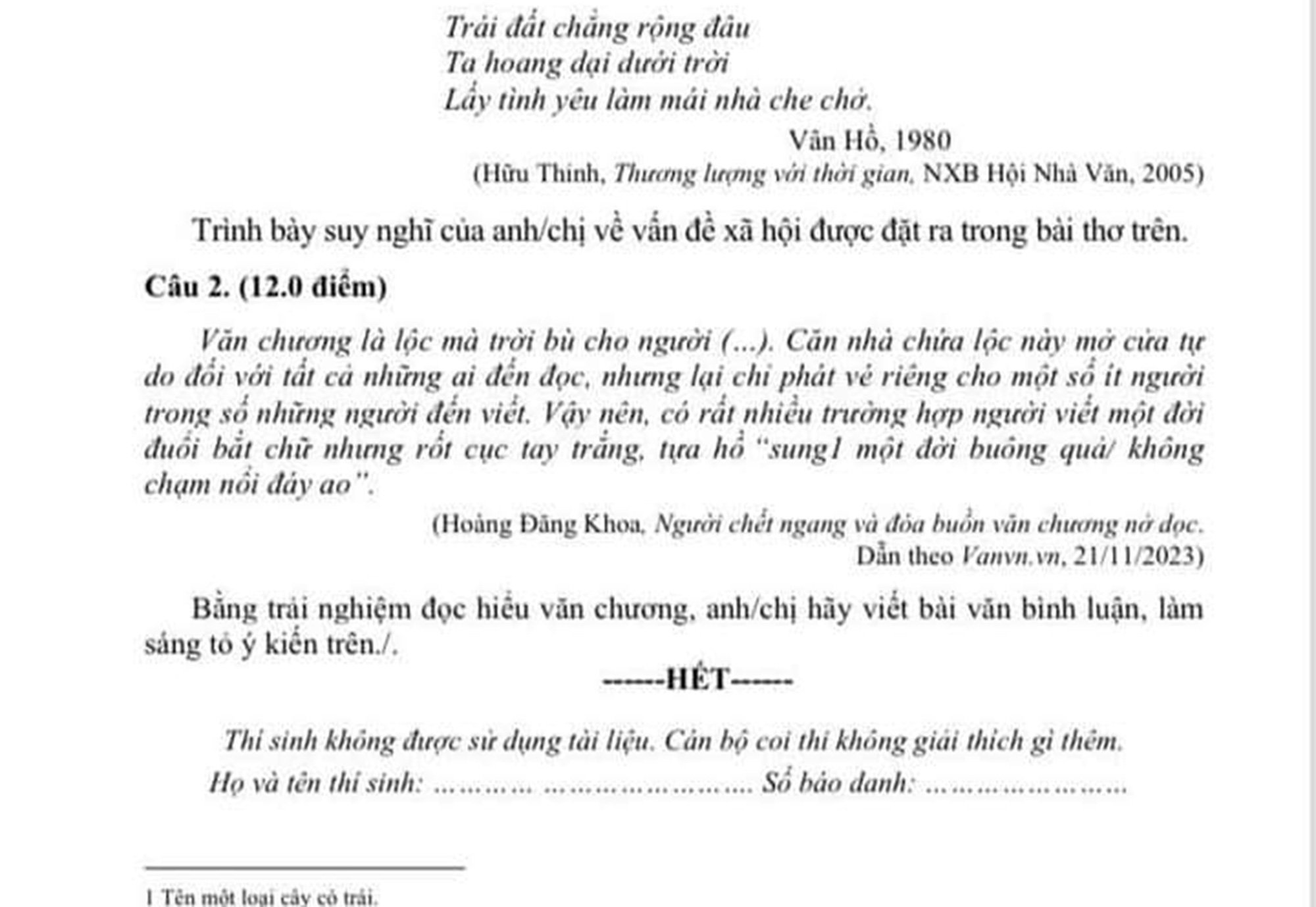 Câu 2 của đề thi ngữ văn 11 (chuyên) kỳ thi học sinh giỏi cấp tỉnh THPT đợt 2 ở Quảng Nam đăng trên Facebook