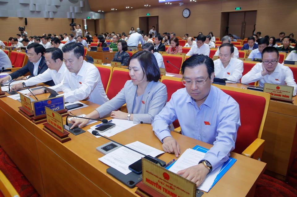 Delegates press the button to pass the resolution at the Session.