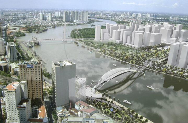 Perspektive der Fußgängerbrücke über den Saigon-Fluss, gesponsert von der Nutifood Nutrition Food Joint Stock Company.