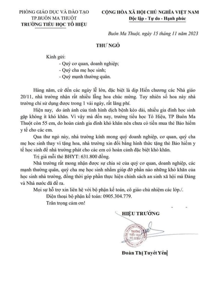 Thư ngỏ xúc động của Trường Tiểu học Tô Hiệu TP Buôn Ma Thuột - tỉnh Đắk Lắk.